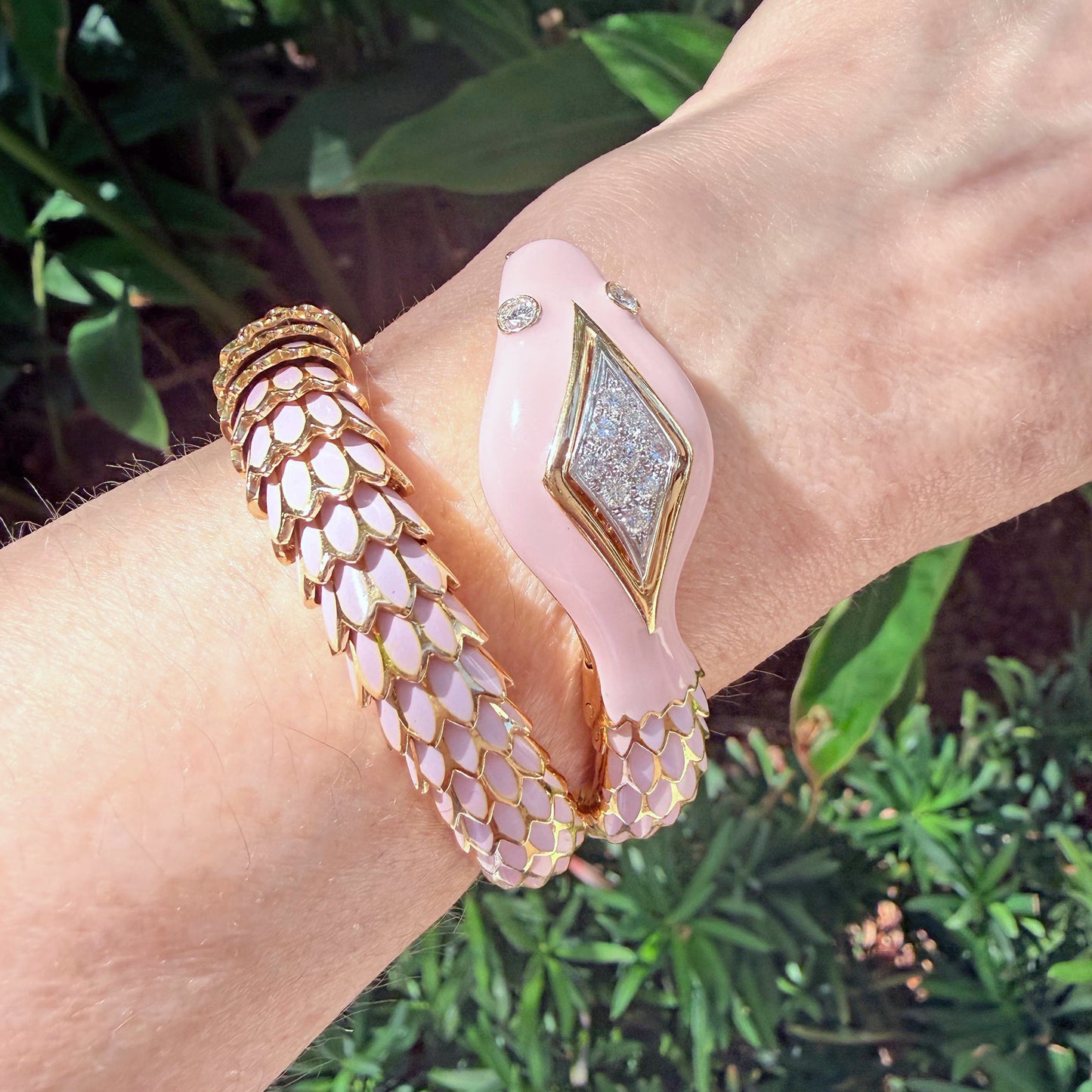 18k Yellow Gold Pink Enamel Diamond Snake Bracelet