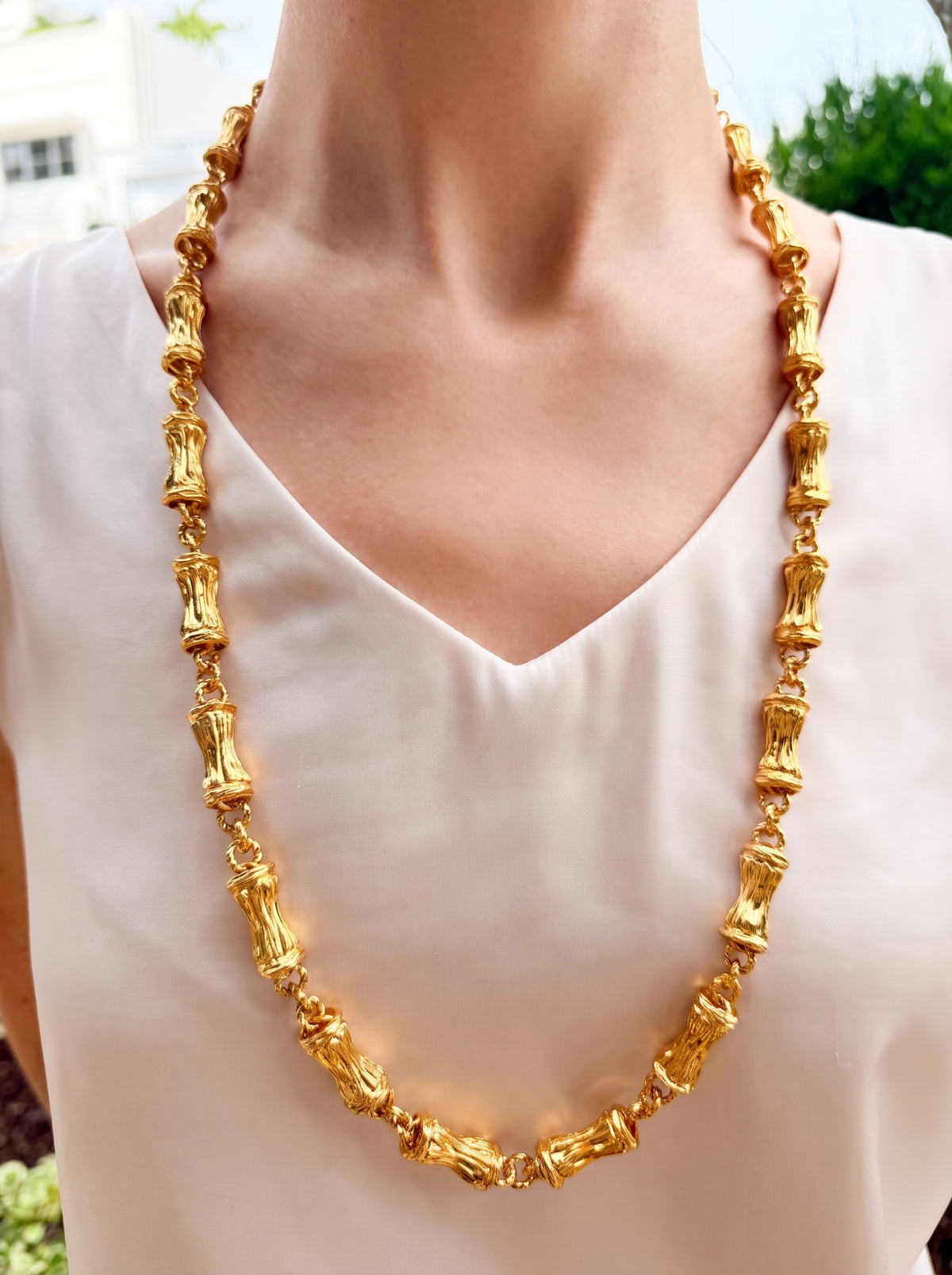 18k Yellow Gold Bamboo Link Long Necklace