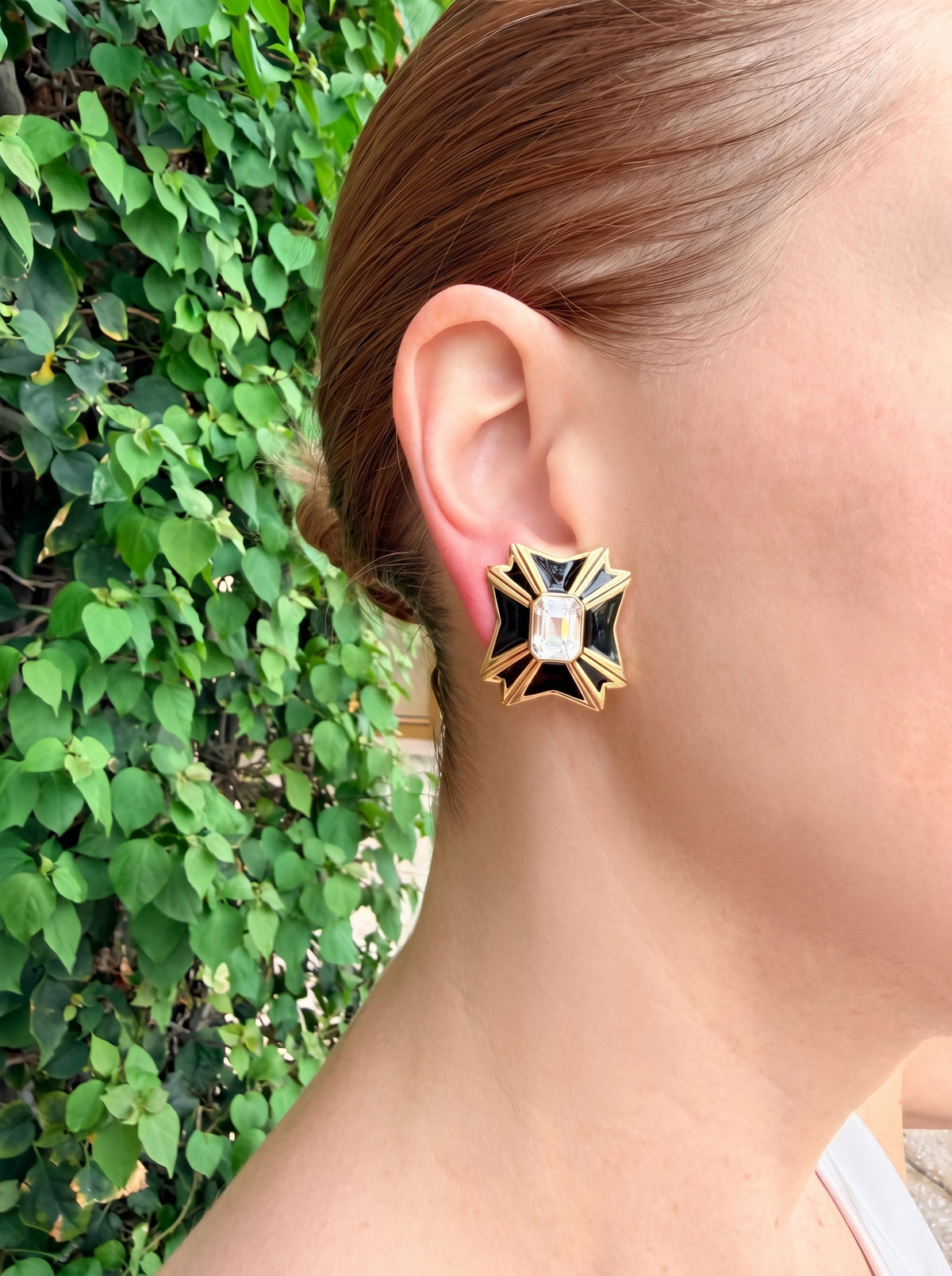 Estate White Topaz Black Enamel Maltese Cross Earrings