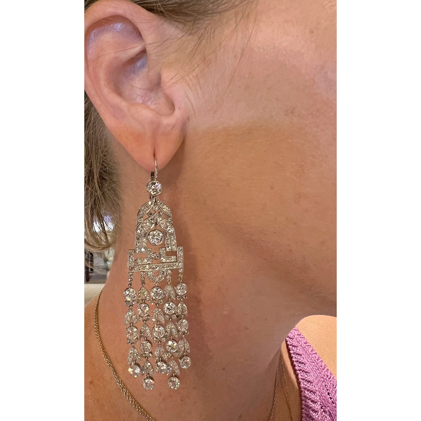 Art Deco Platinum Diamond Long Chandelier Earrings
