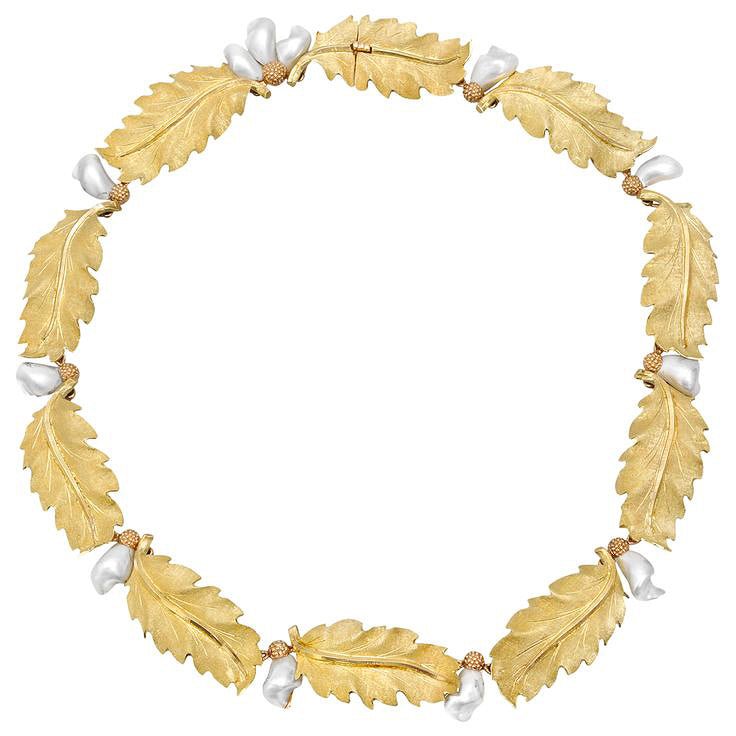 Buccellati - Estate 18k Yellow Gold Baroque Pearl Leaf Necklace