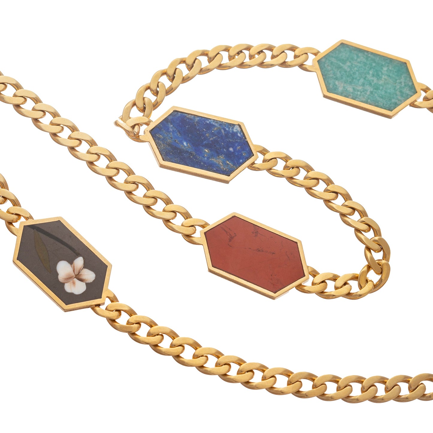 Bvlgari - 1980s 18k Yellow Gold Hardstone Flower Long Necklace