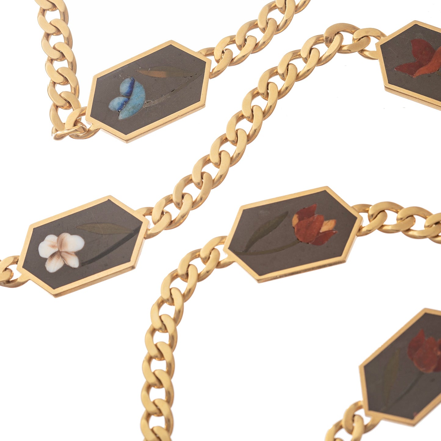 Bvlgari - 1980s 18k Yellow Gold Hardstone Flower Long Necklace