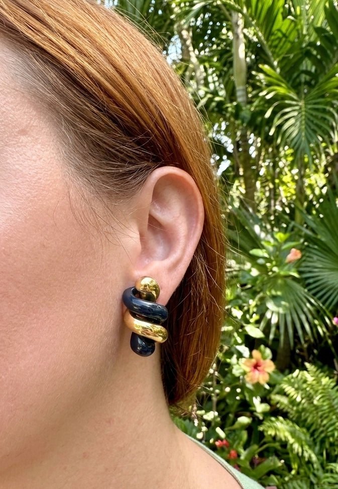Carvin French - 18k Yellow Gold Black Jade Spiral Twist Earrings