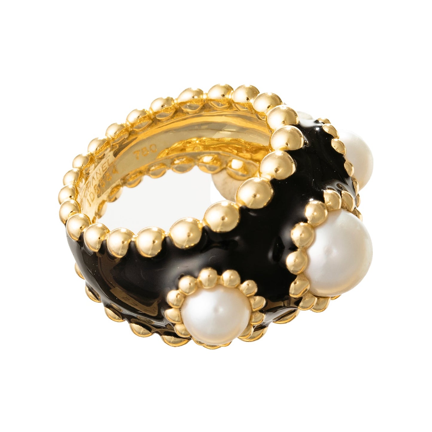 Chanel - 18k Yellow Gold Black Enamel Three Pearl Ring
