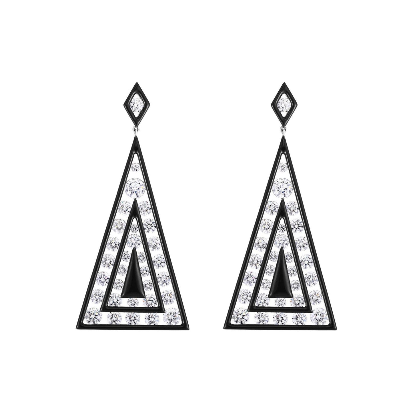 Cicada - Diamond Black Enamel Triangular Drop Earrings