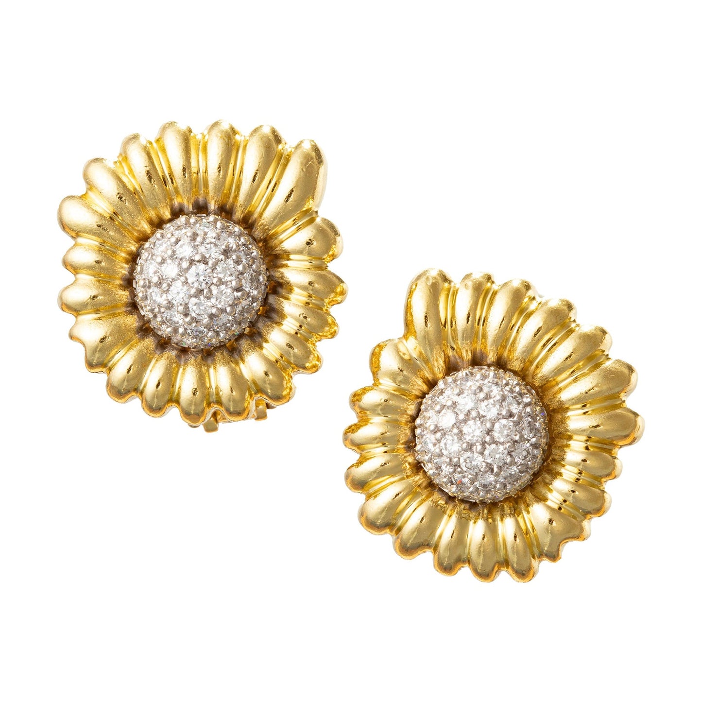 David Webb - 18k Gold Platinum Pavé Diamond Flower Earrings