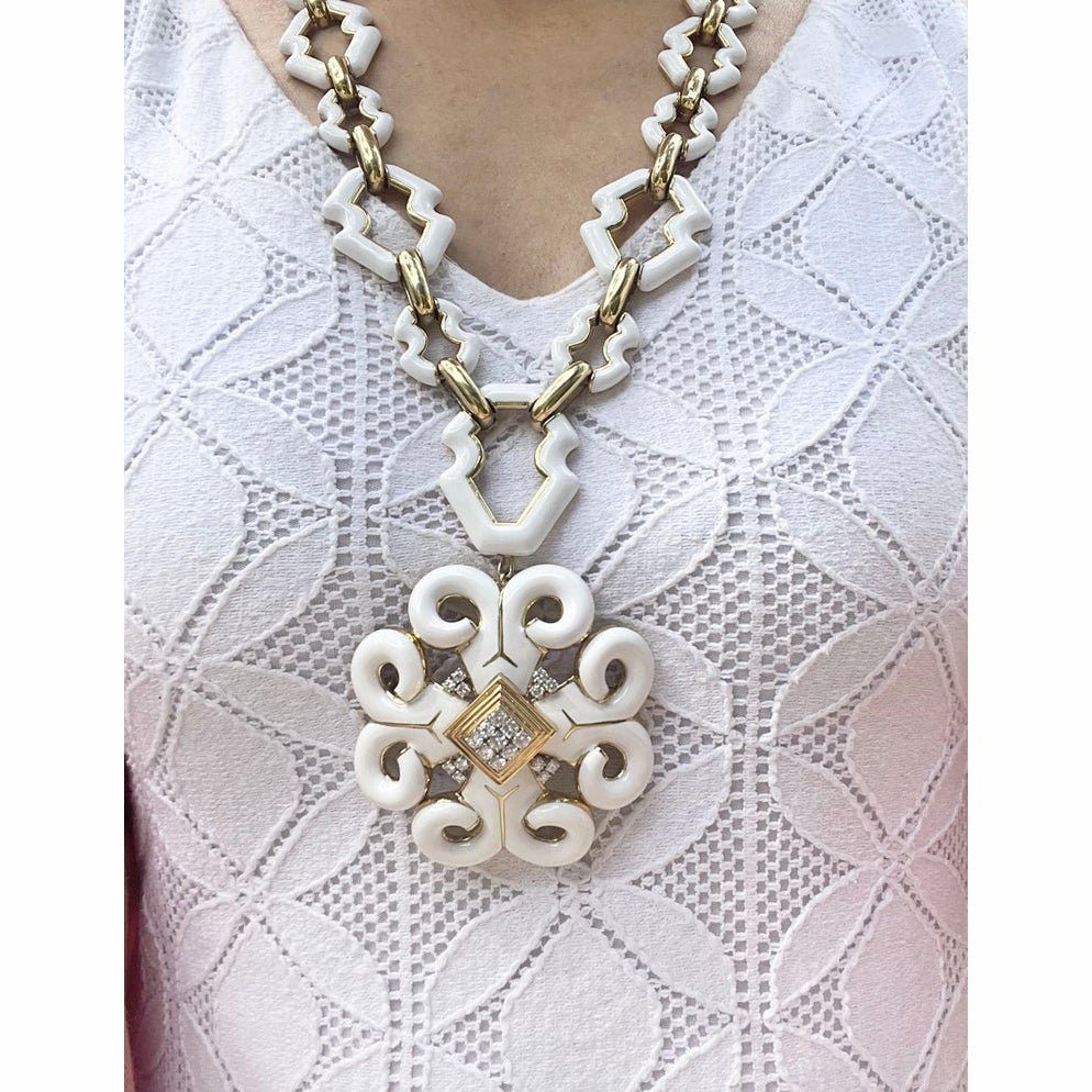 David Webb - 18k Gold White Enamel Heraldic Pendant Necklace