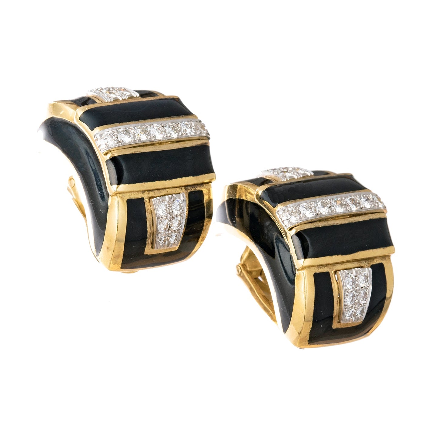 David Webb - 18k Yellow Gold Black Enamel Diamond Earrings