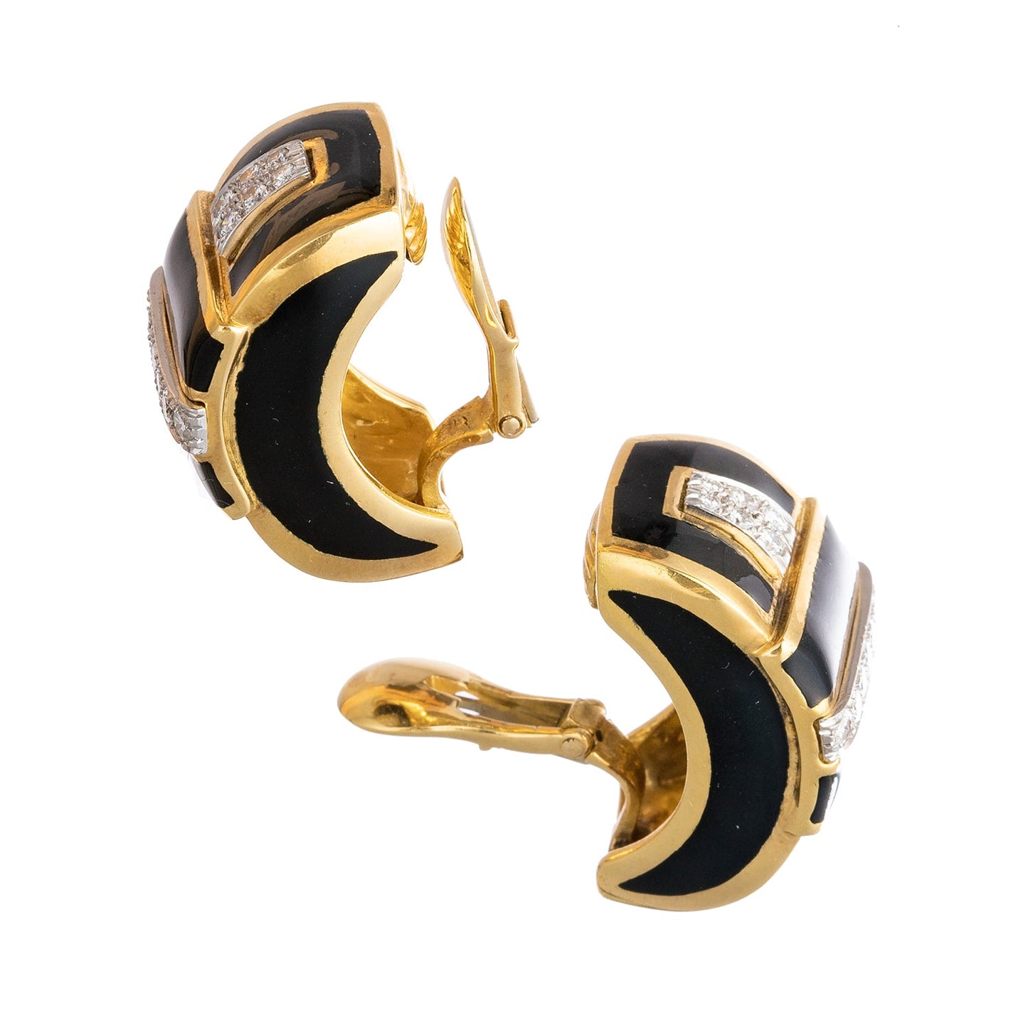 David Webb - 18k Yellow Gold Black Enamel Diamond Earrings