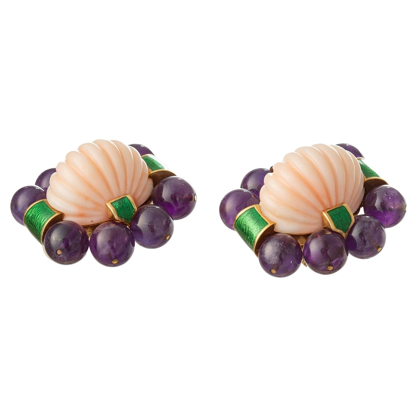 David Webb - Angel Skin Coral Amethyst Green Enamel Earrings