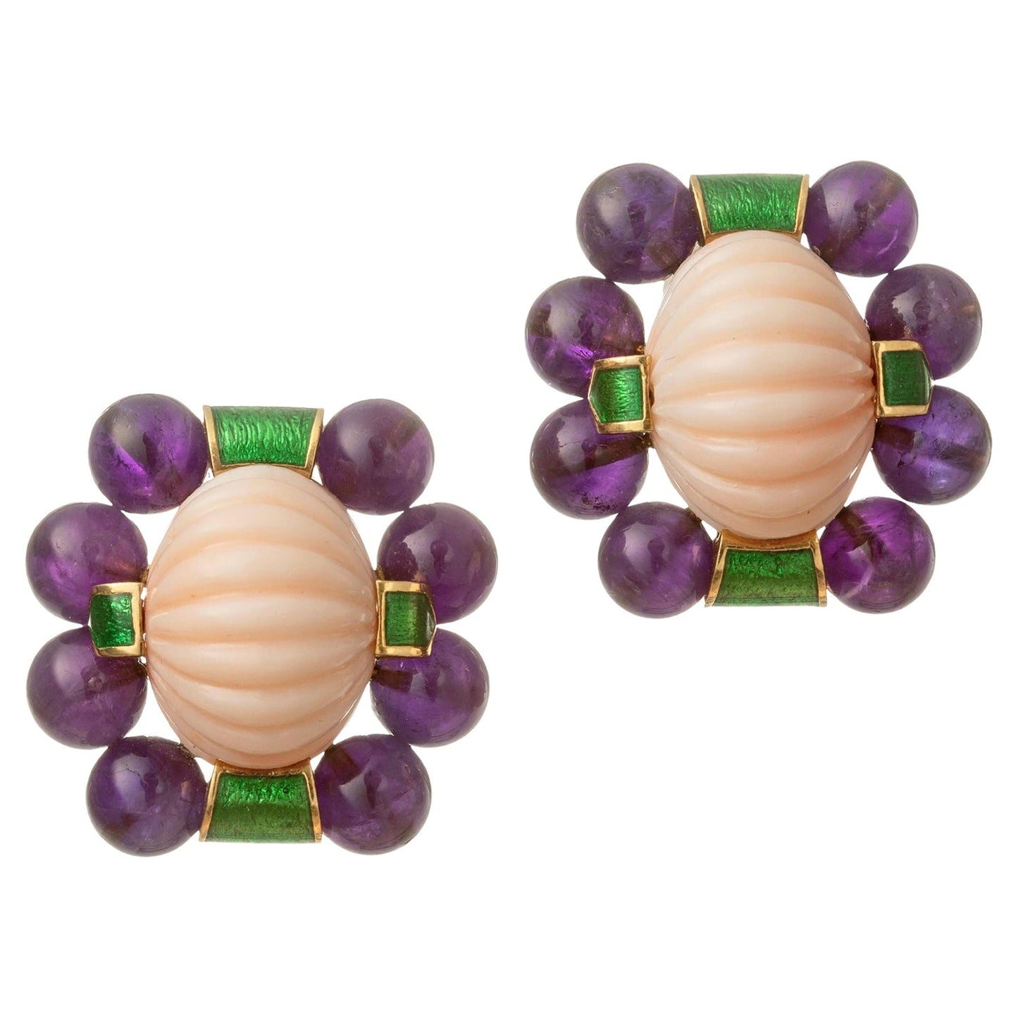 David Webb - Angel Skin Coral Amethyst Green Enamel Earrings