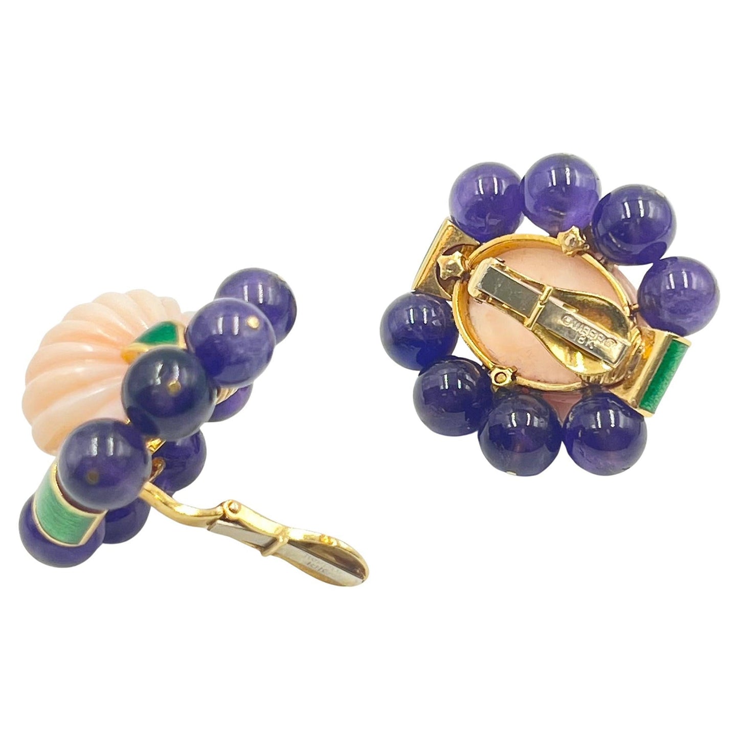 David Webb - Angel Skin Coral Amethyst Green Enamel Earrings