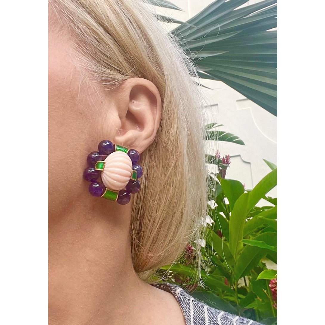 David Webb - Angel Skin Coral Amethyst Green Enamel Earrings