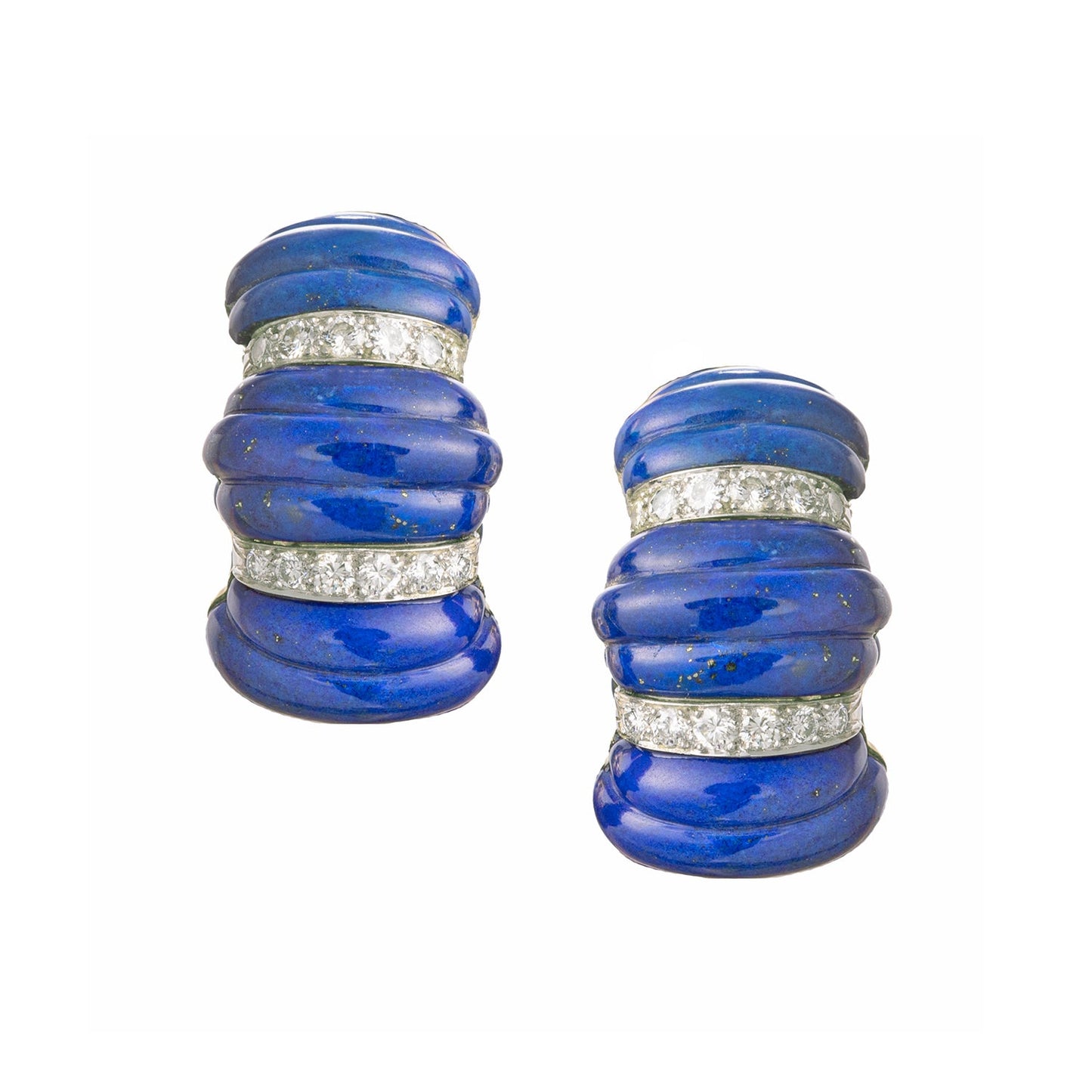 David Webb - Fluted Lapis Lazuli Diamond Half - Hoop Earrings