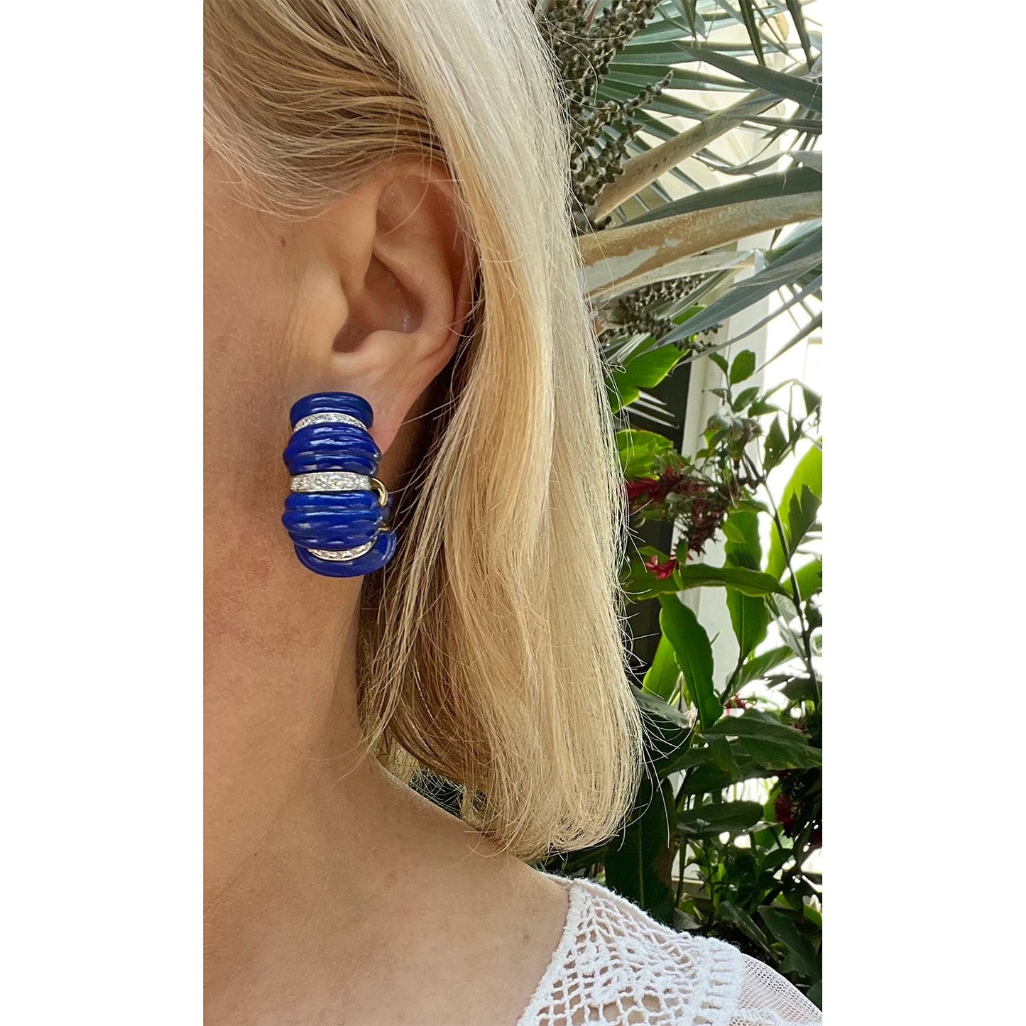 David Webb - Fluted Lapis Lazuli Diamond Half - Hoop Earrings