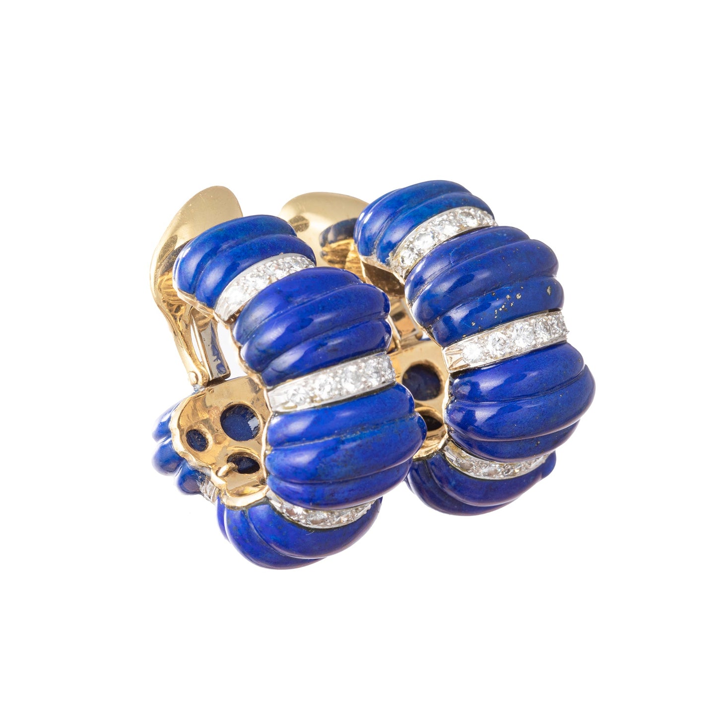 David Webb - Fluted Lapis Lazuli Diamond Half - Hoop Earrings