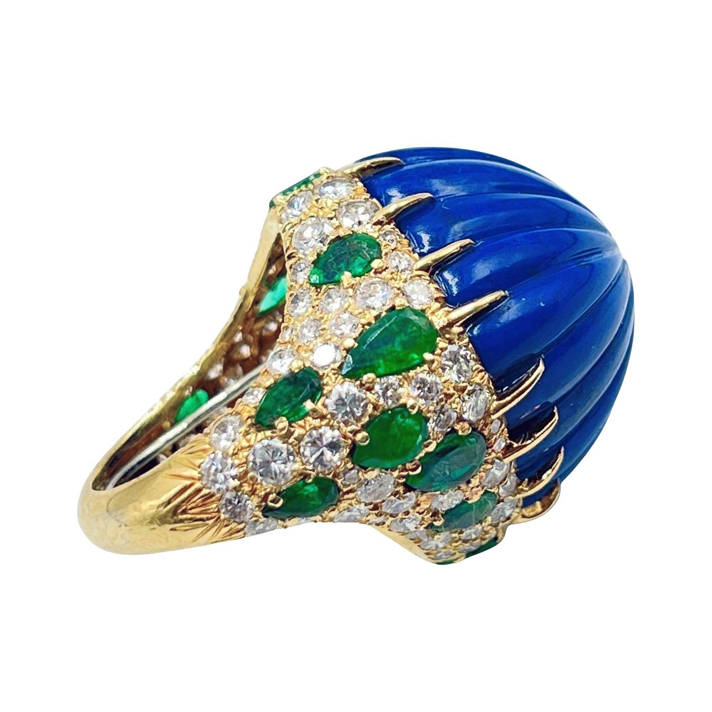 David Webb - Lapis Emerald Diamond Cocktail Ring