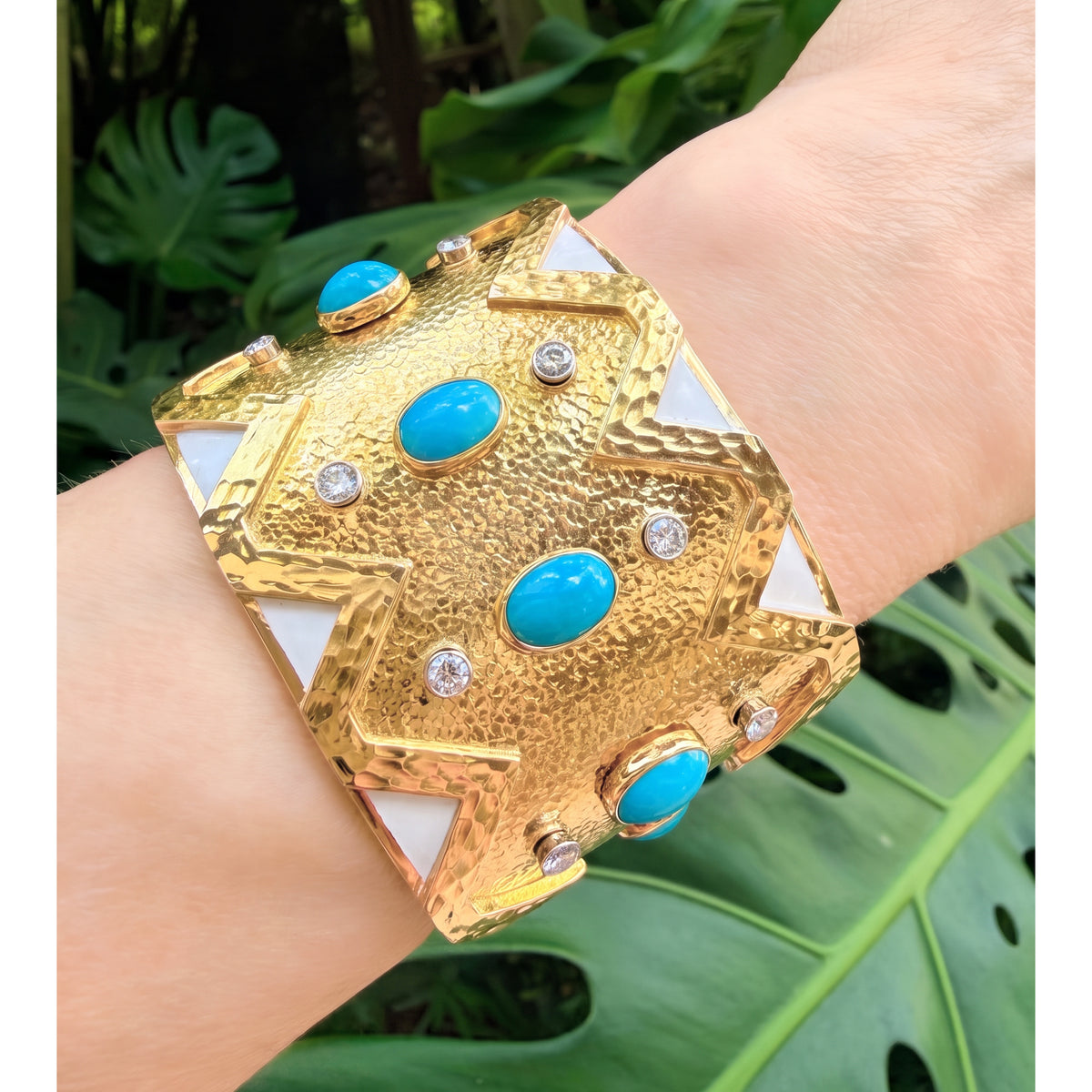 18k Gold Turquoise Diamond Enamel Rickrack Cuff Bracelet
