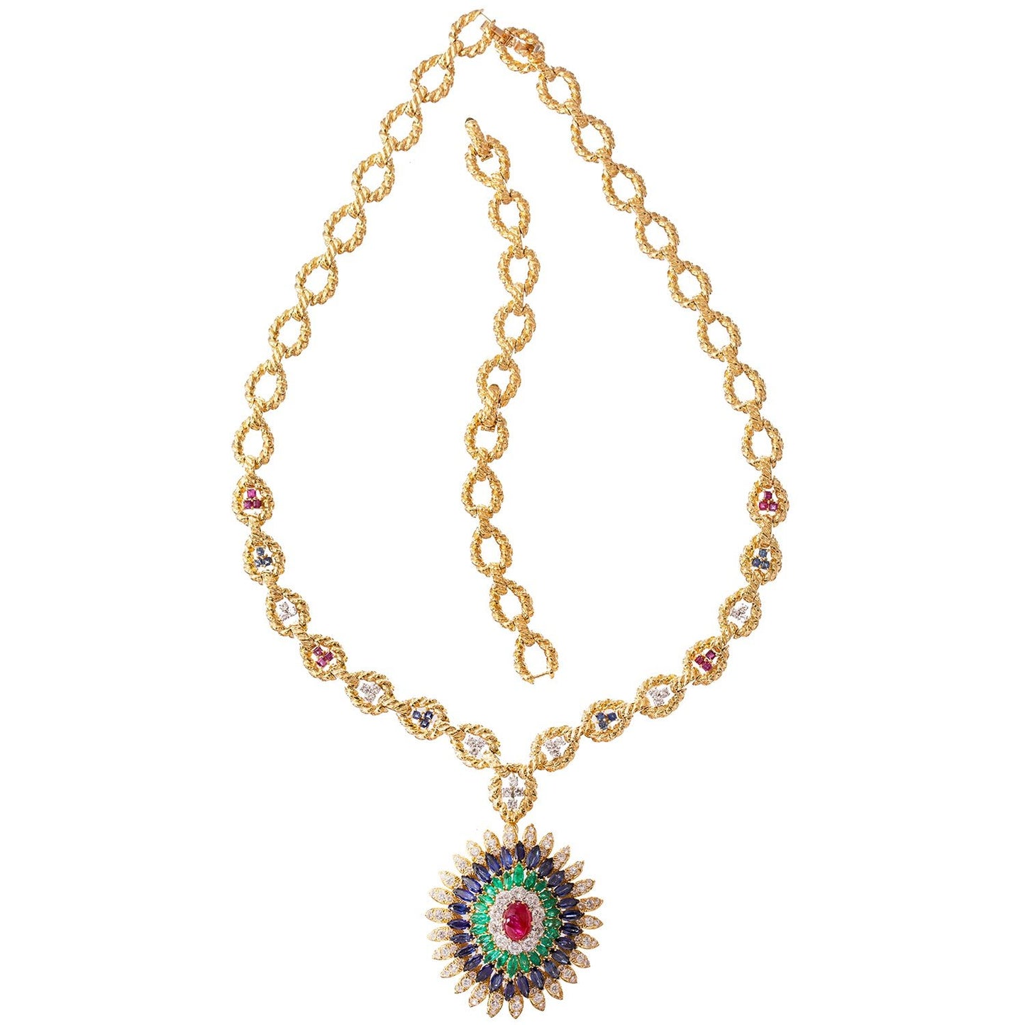 David Webb - Ruby Emerald Sapphire Diamond Pendant Necklace