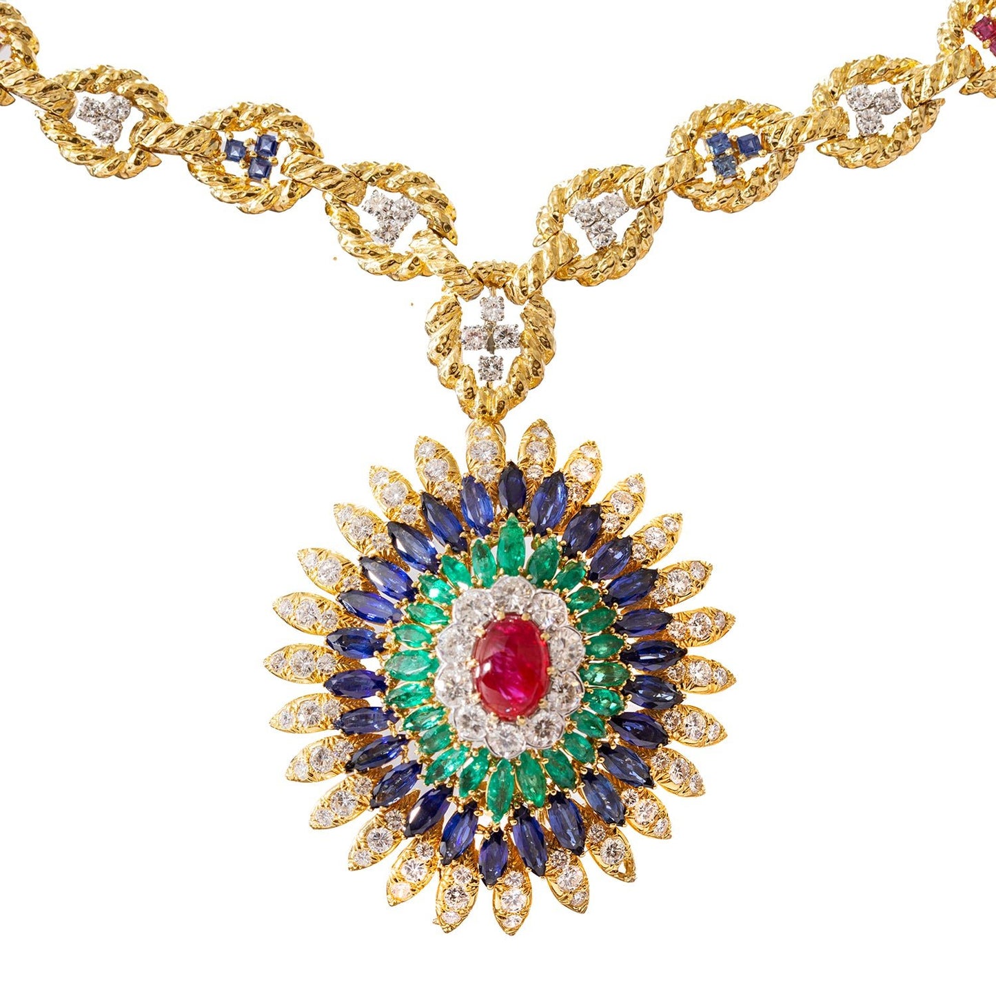 David Webb - Ruby Emerald Sapphire Diamond Pendant Necklace