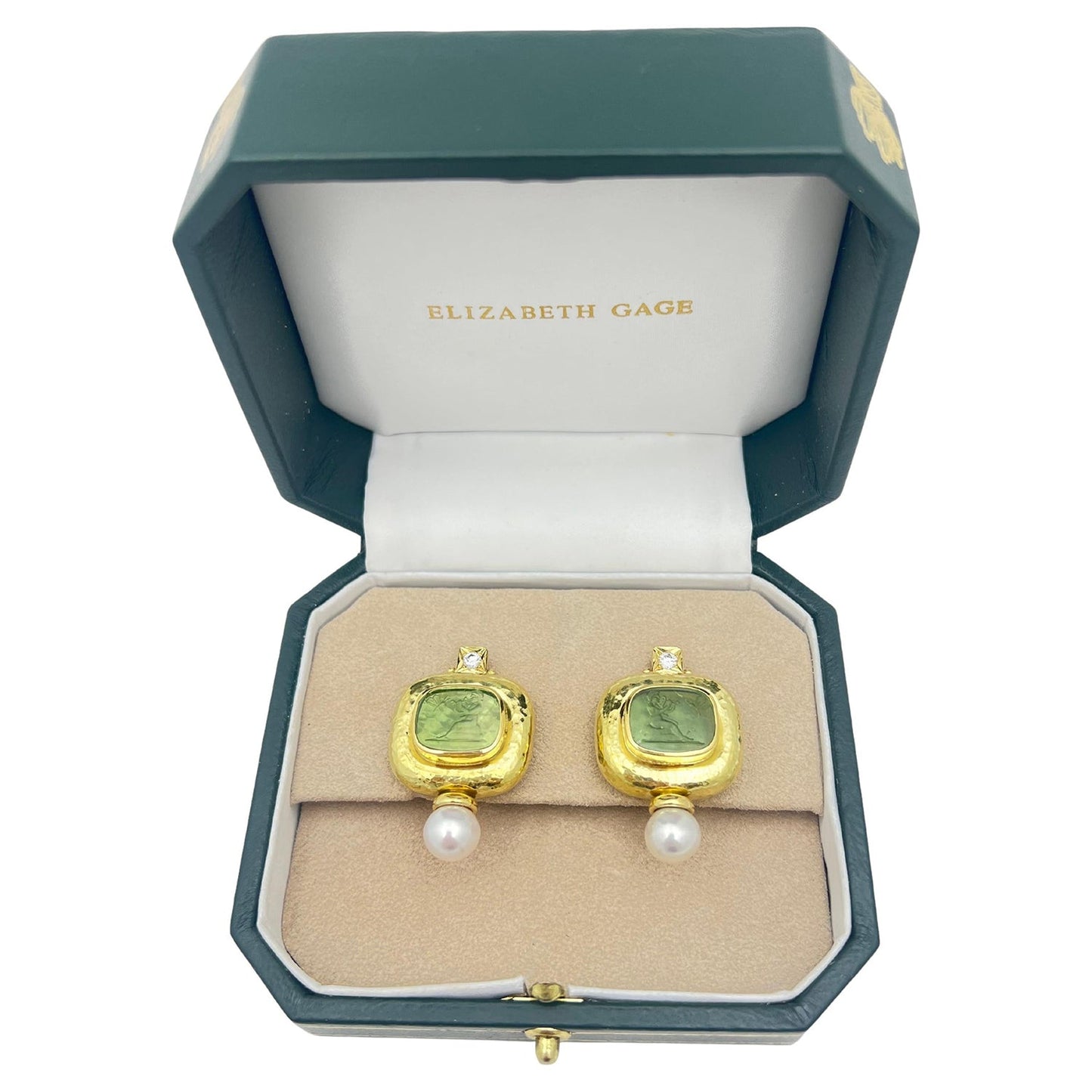 Elizabeth Gage - 18k Gold Venetian Glass Intaglio Diamond Pearl Valois Earrings