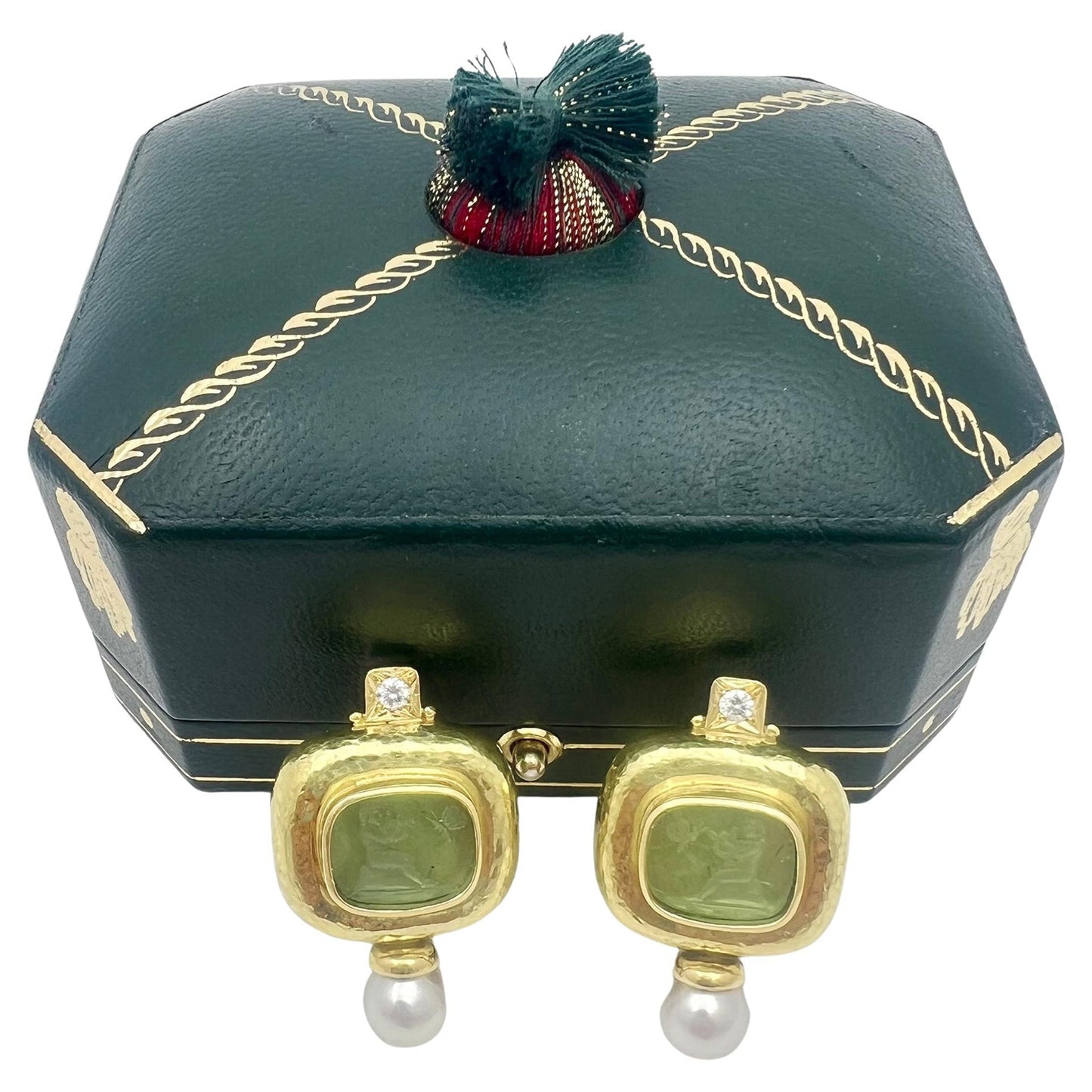 Elizabeth Gage - 18k Gold Venetian Glass Intaglio Diamond Pearl Valois Earrings