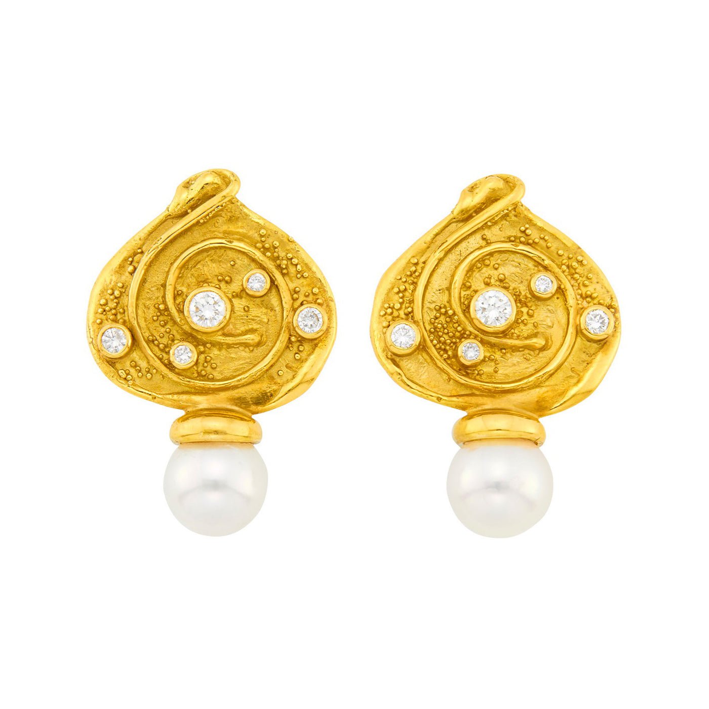 Elizabeth Gage - 18k Yellow Gold Pearl Diamond Drop Earrings