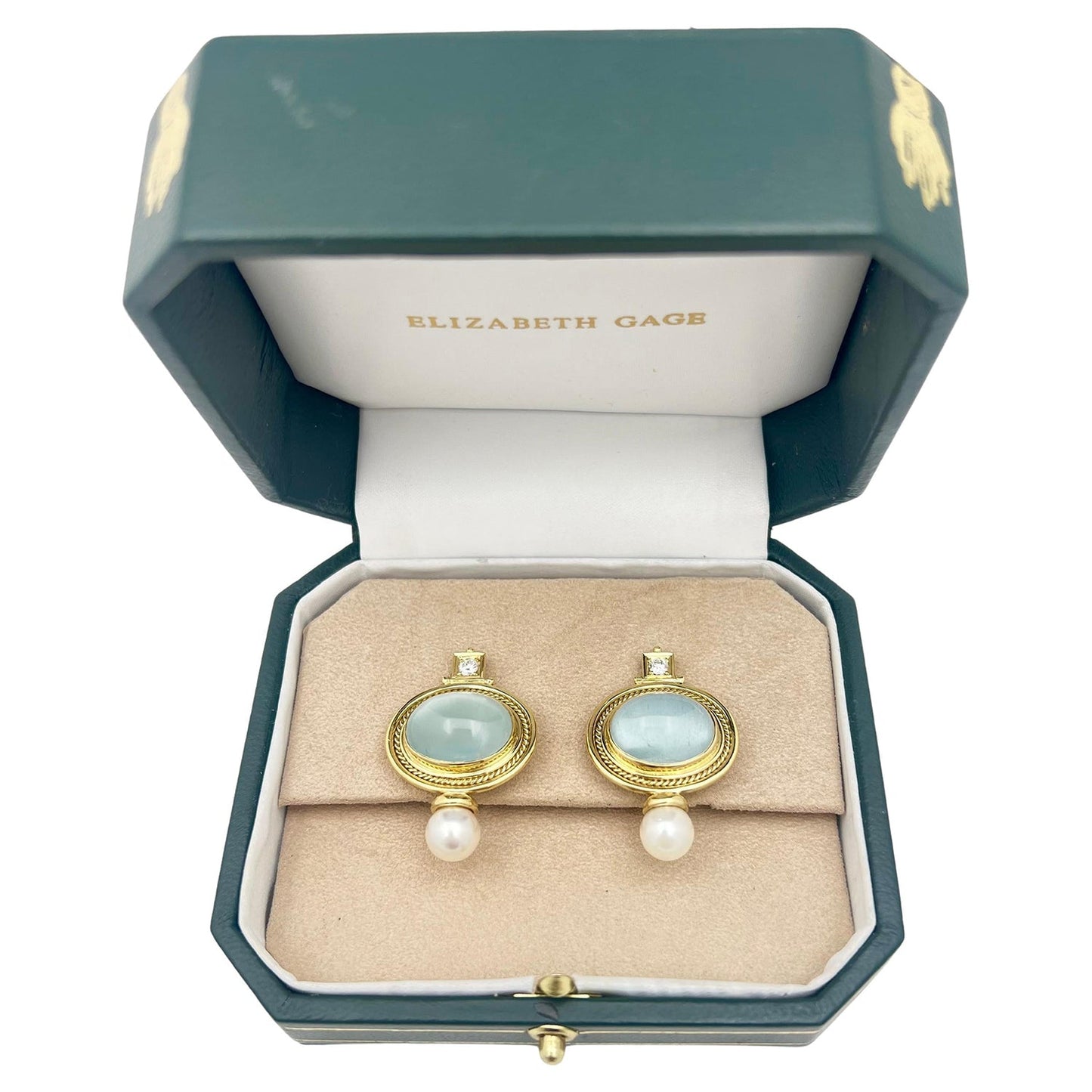 Elizabeth Locke - 18k Gold Cabochon Aquamarine Diamond Pearl Valois Earrings