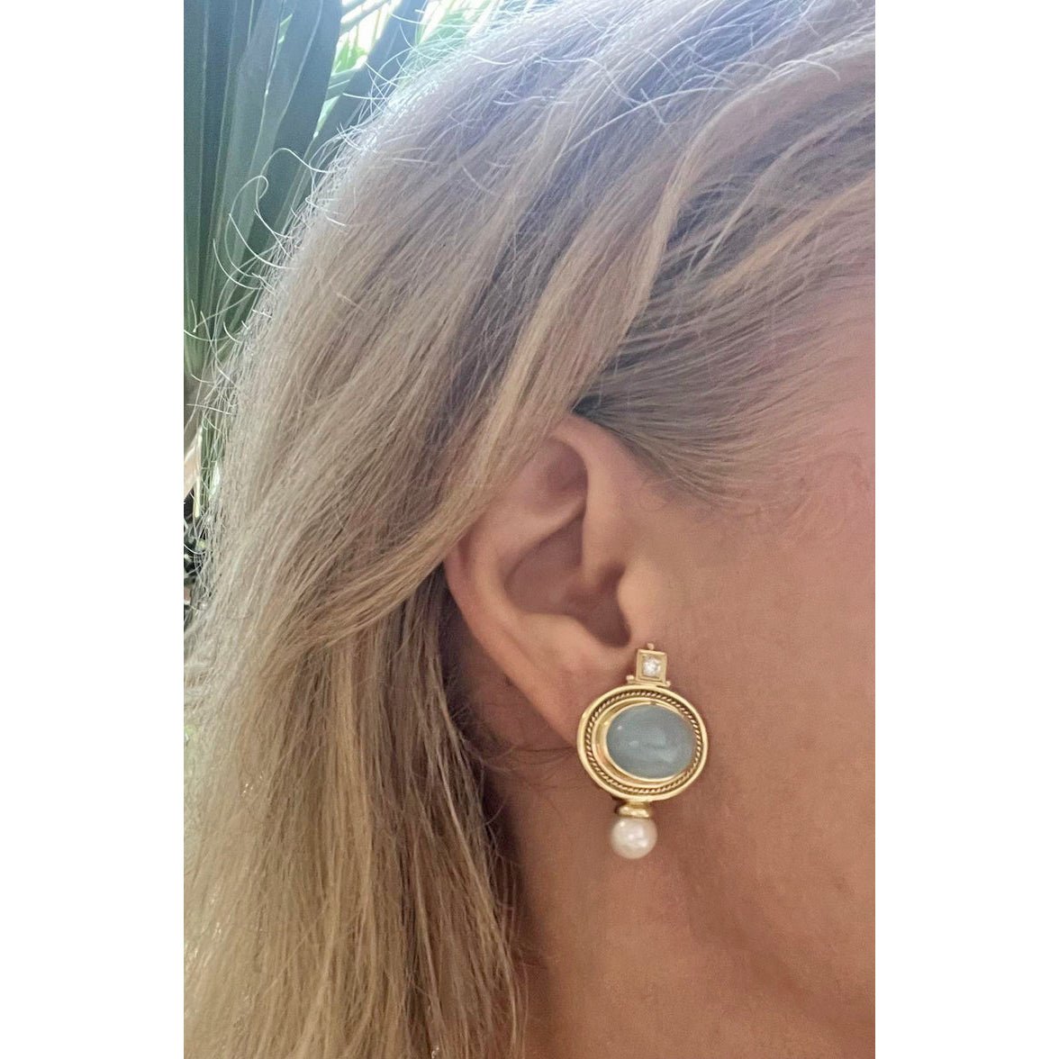 Elizabeth Locke - 18k Gold Cabochon Aquamarine Diamond Pearl Valois Earrings