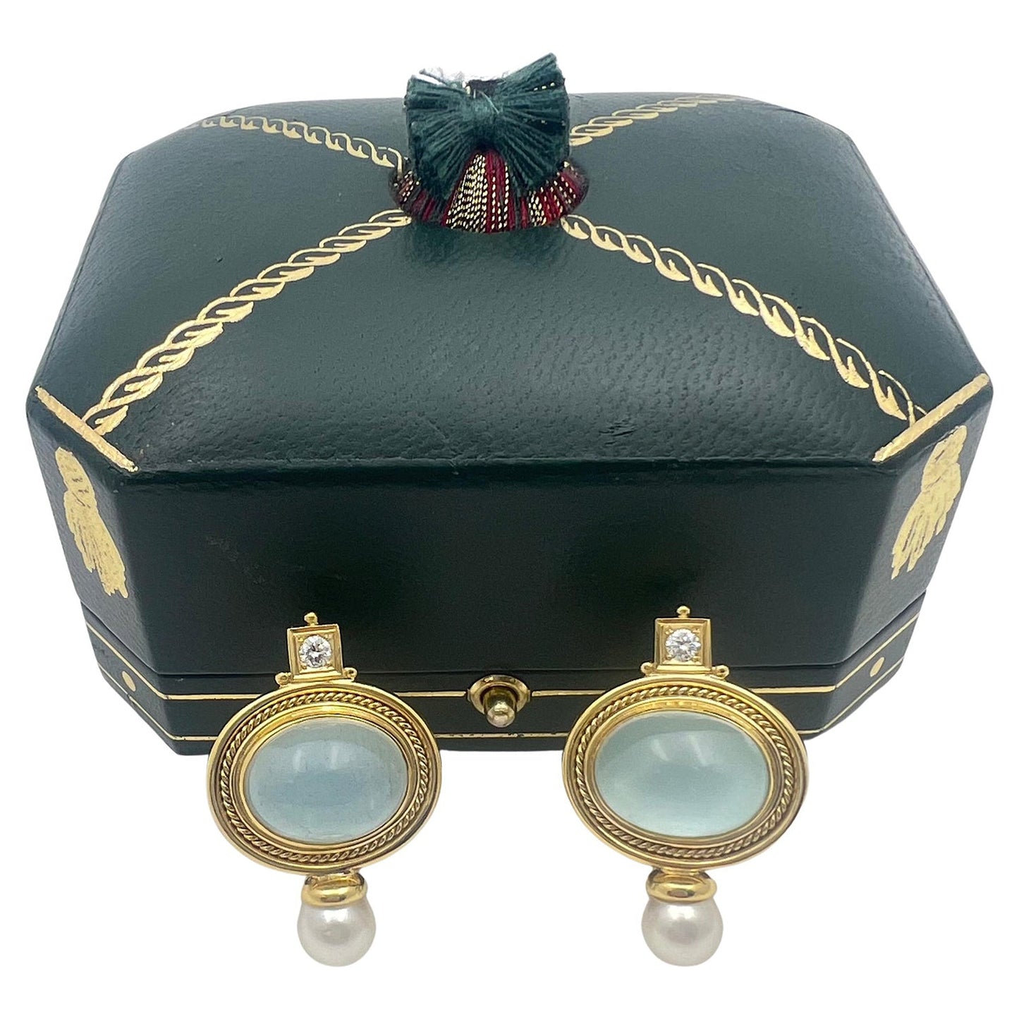 Elizabeth Locke - 18k Gold Cabochon Aquamarine Diamond Pearl Valois Earrings