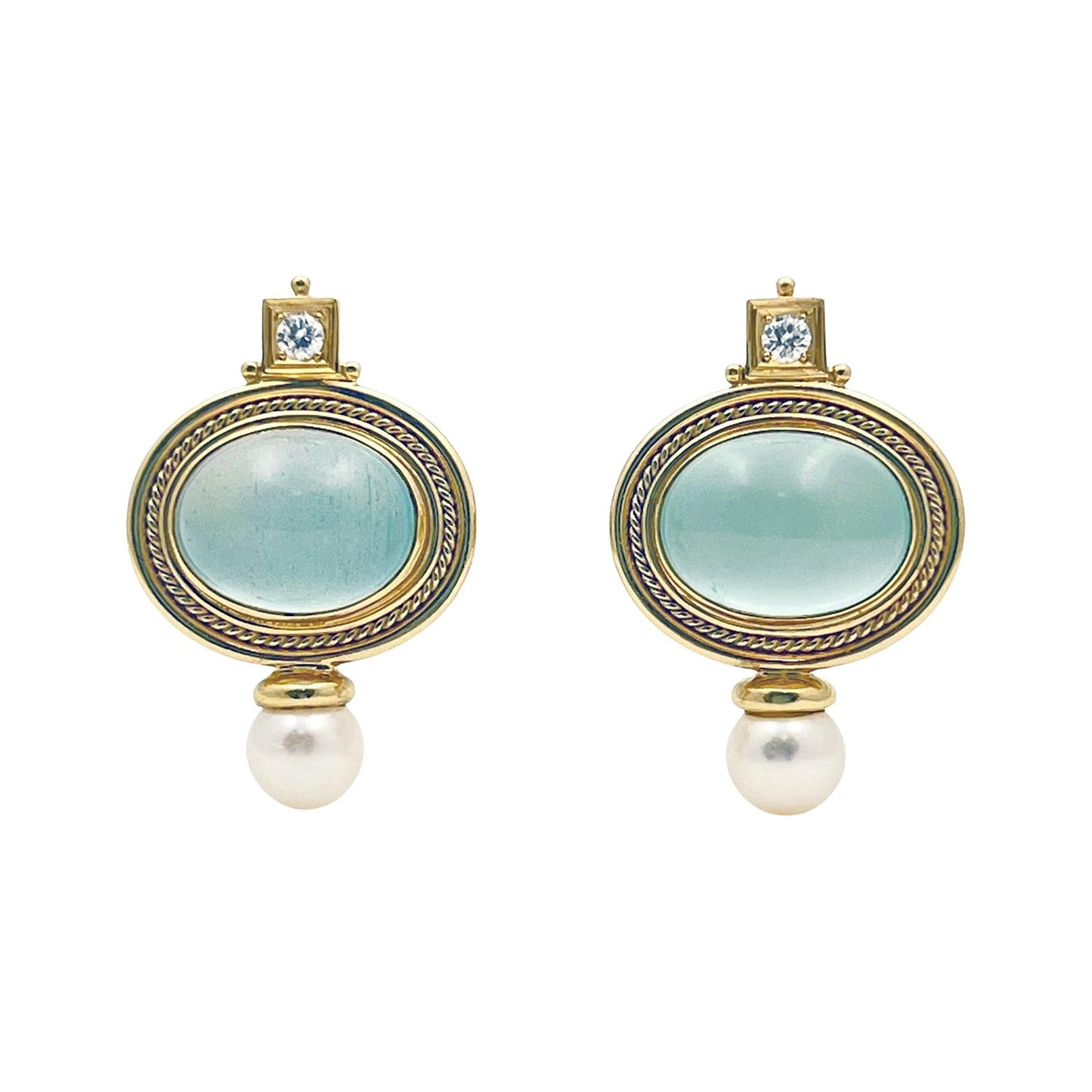 Elizabeth Locke - 18k Gold Cabochon Aquamarine Diamond Pearl Valois Earrings