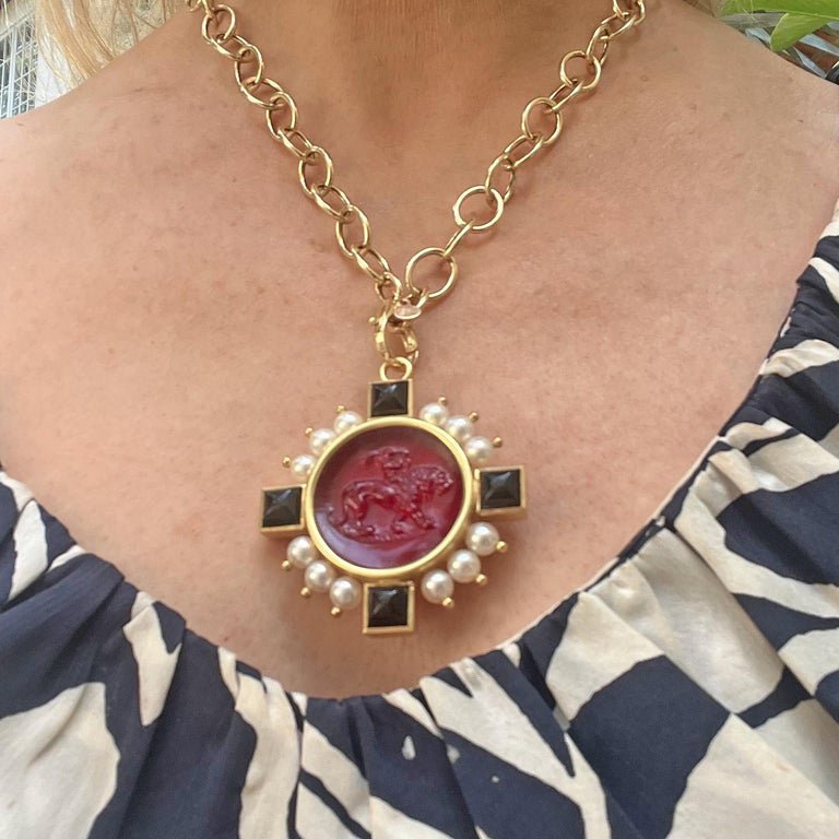 Elizabeth Locke - 19k Gold Venetian Red Glass Pearl Onyx Cupid Pendant Brooch