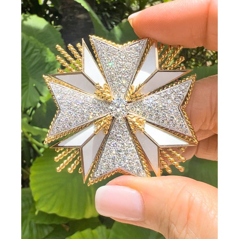 Estate Collection - 18k Yellow Gold White Enamel Diamond Maltese Cross Brooch