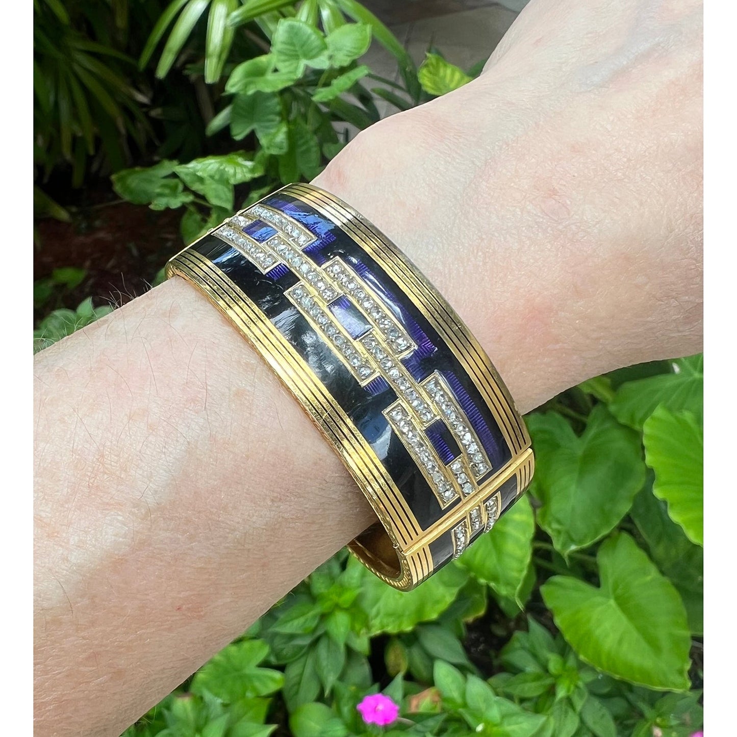Estate Collection - Antique French Yellow Gold Enamel Diamond Panel Bracelet