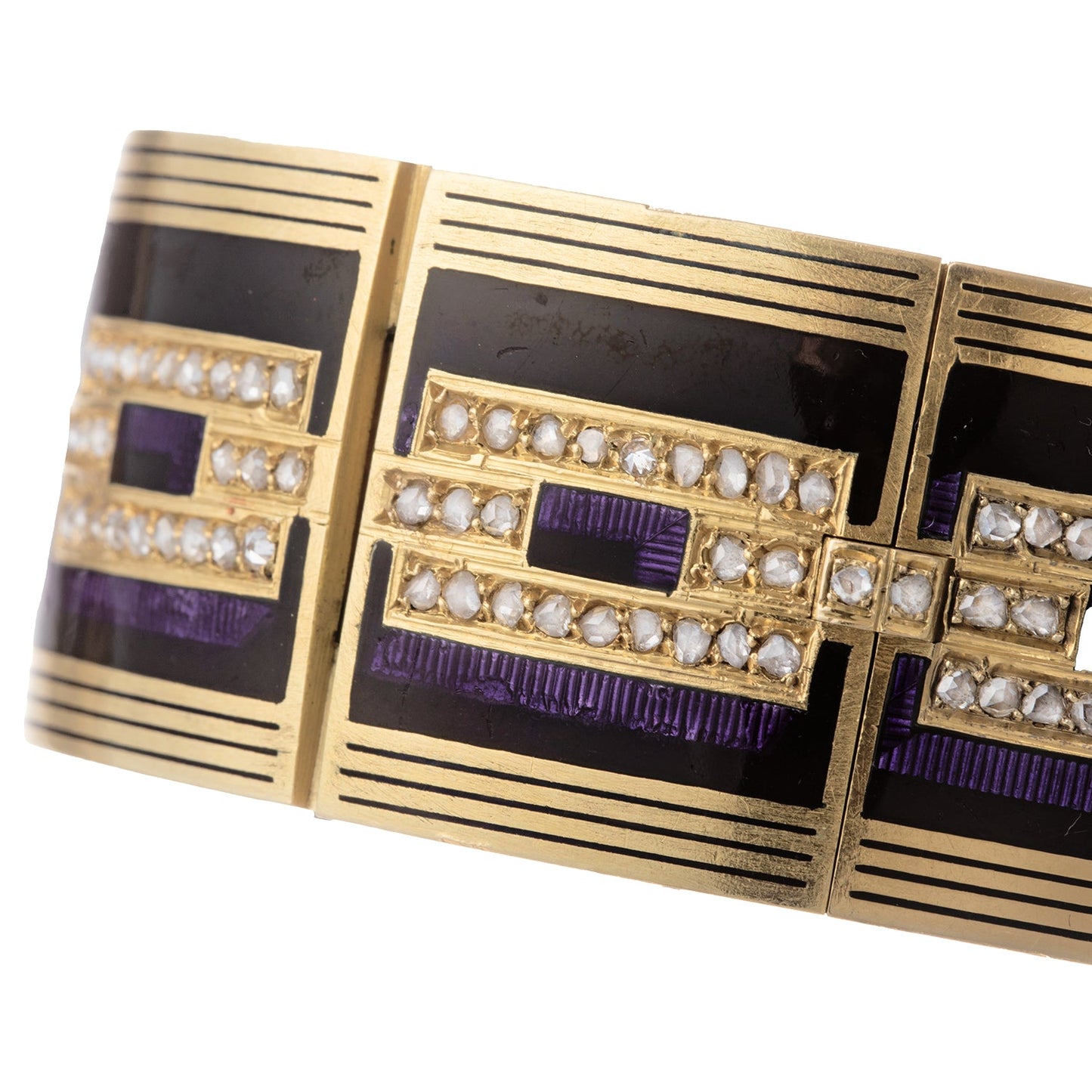Estate Collection - Antique French Yellow Gold Enamel Diamond Panel Bracelet