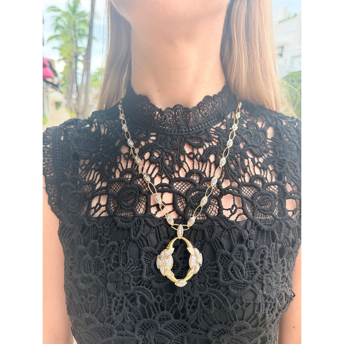 Estate Collection - French 18k Gold Foliate Diamond Pendant Necklace