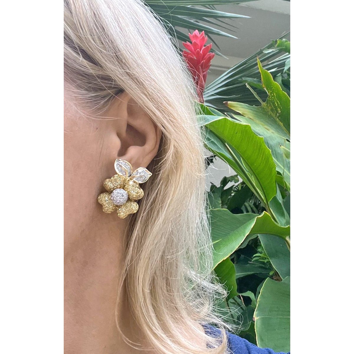 Estate Collection - Yellow & White Pavé Diamond Flower Earrings