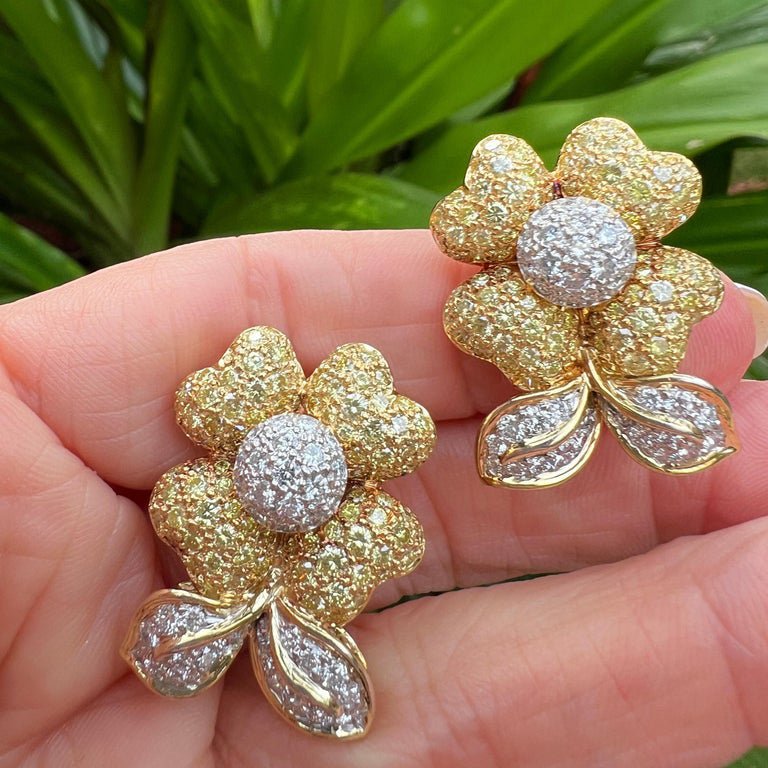 Estate Collection - Yellow & White Pavé Diamond Flower Earrings