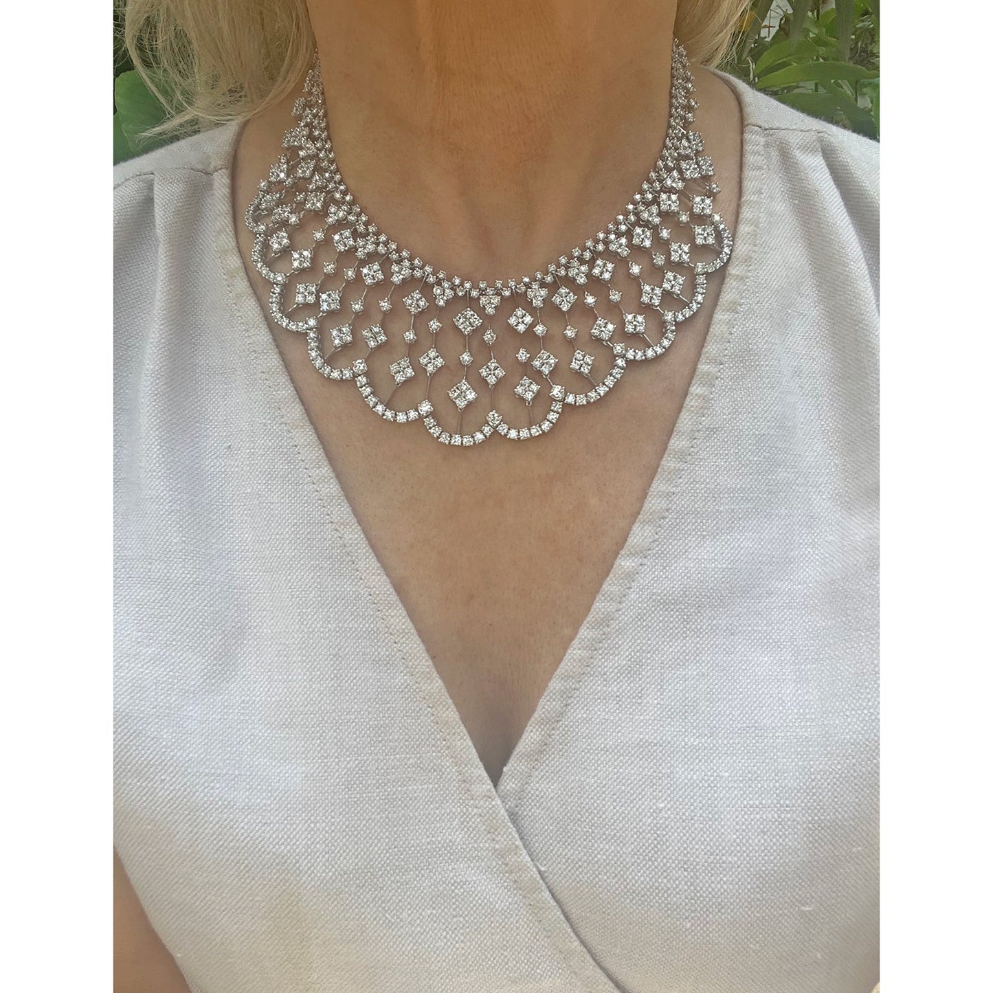 Giovane - 18k White Gold Diamond Lace Necklace
