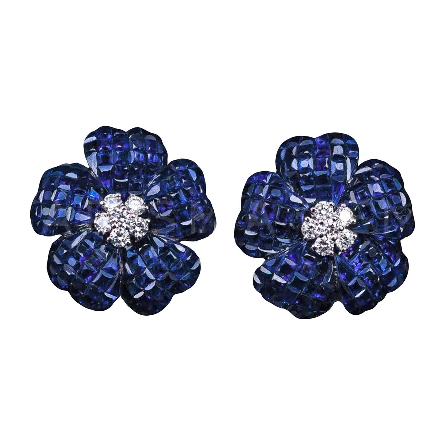 Greenleaf & Crosby - Medium Invisibly - Set Sapphire Diamond Flower Earrings