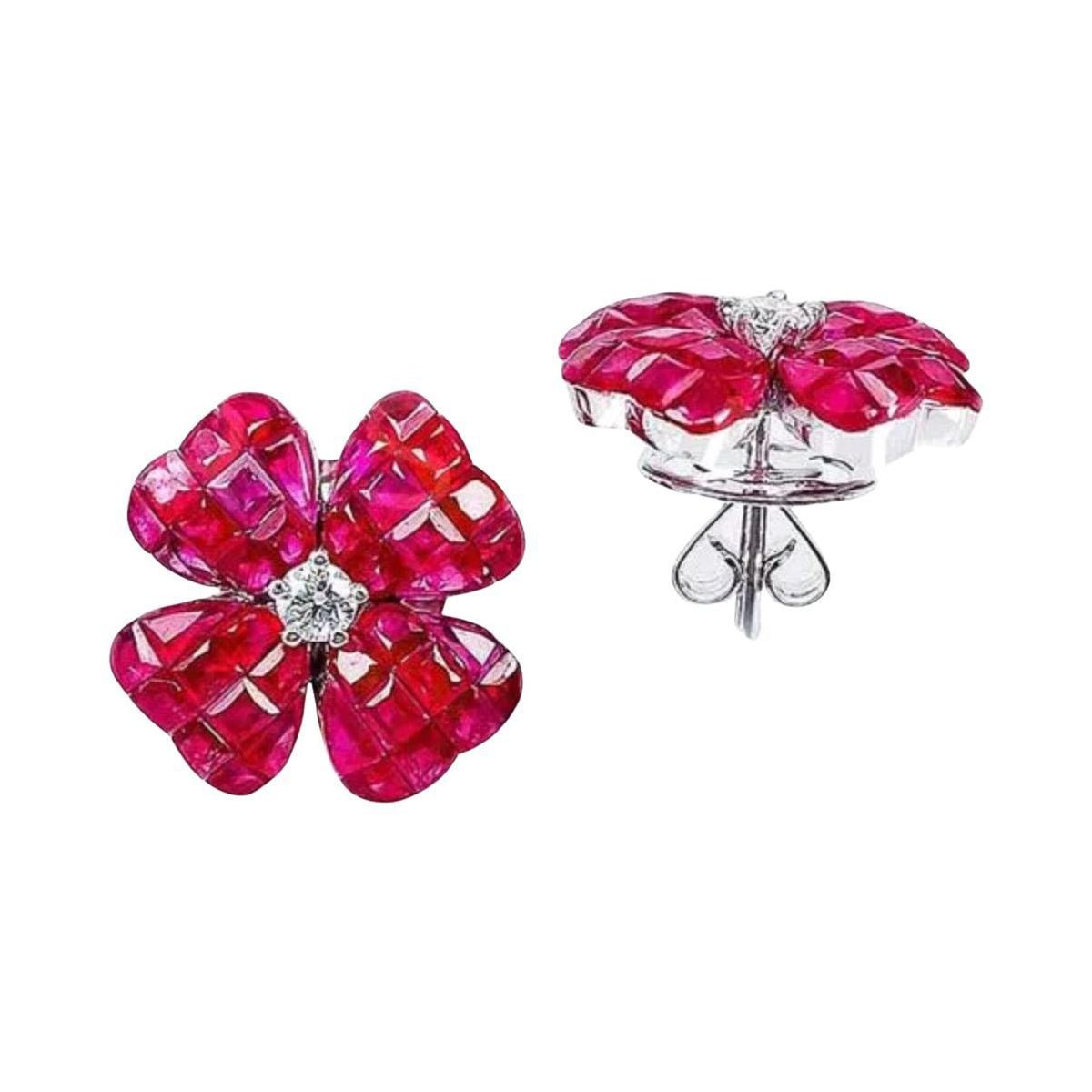 Greenleaf & Crosby - Small Invisibly - Set Ruby Diamond Clover Earrings
