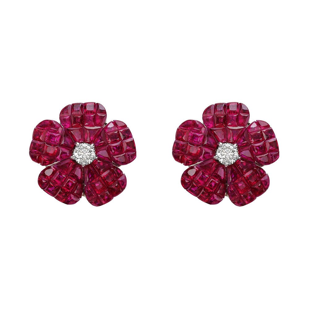 Greenleaf & Crosby - Small Invisibly - Set Ruby Diamond Flower Earrings