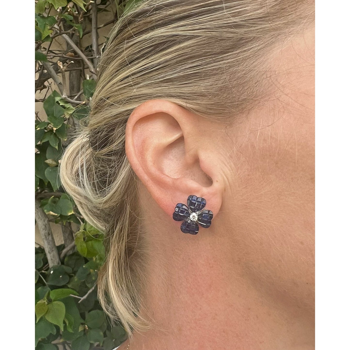 Greenleaf & Crosby - Small Invisibly - Set Sapphire Diamond Clover Earrings