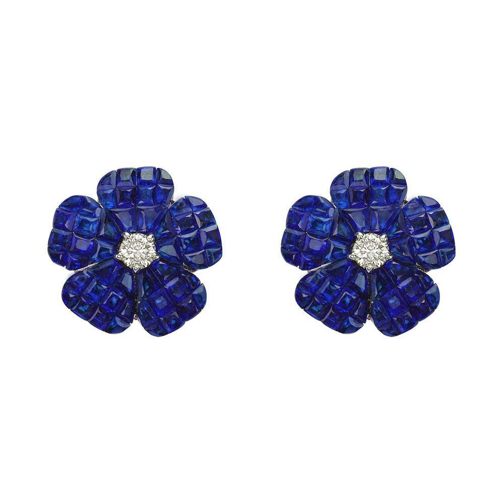 Greenleaf & Crosby - Small Invisibly - Set Sapphire Diamond Flower Earrings