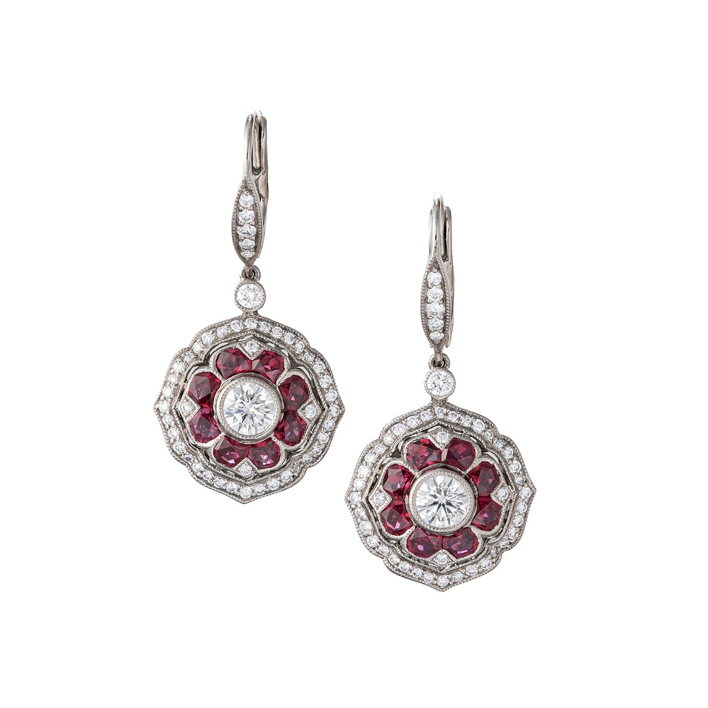 Kwiat - Diamond Ruby Floral Motif Drop Earrings