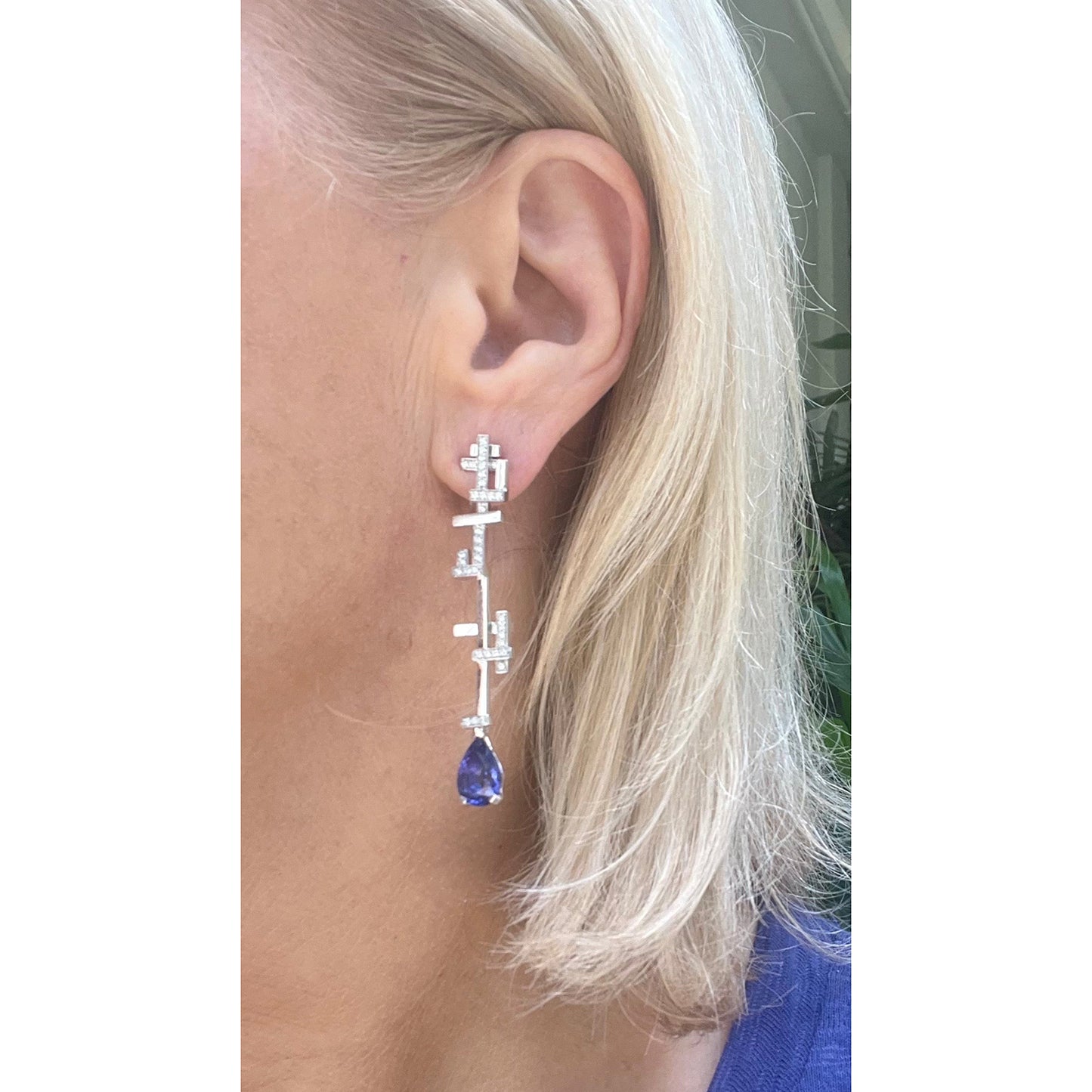 18k White Gold Diamond Tanzanite Tetris Earrings