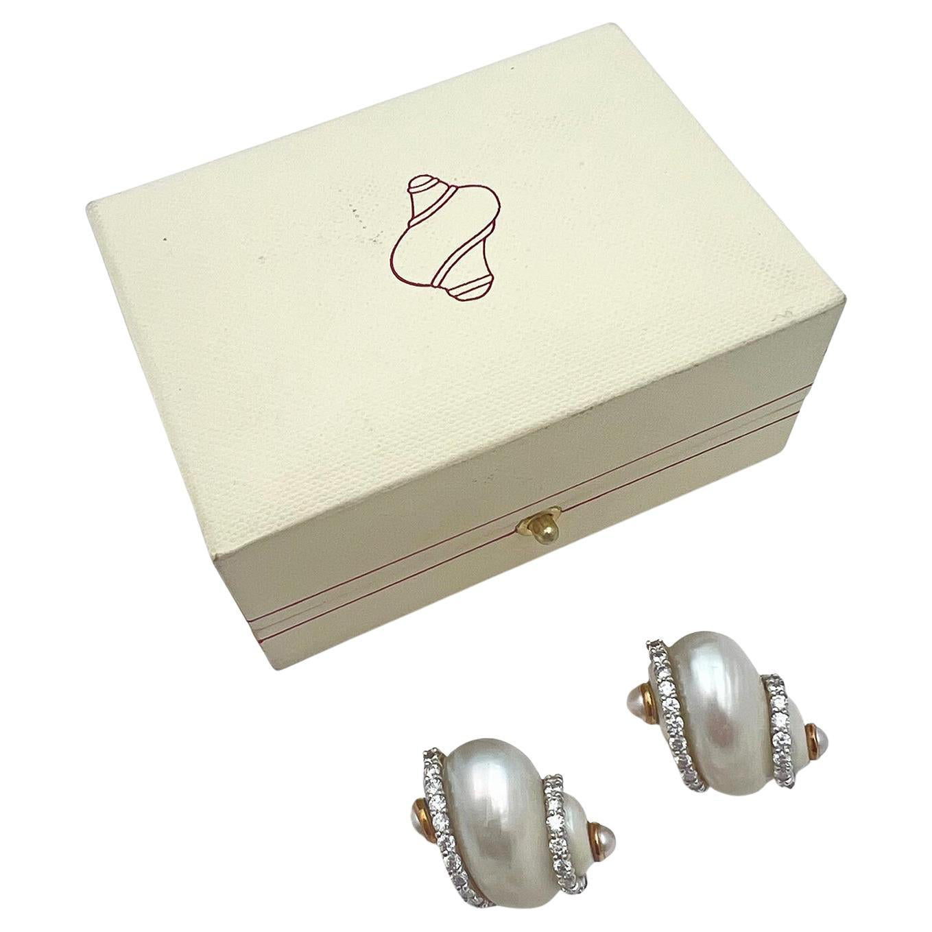 Seaman Schepps - 18k Gold Diamond Pearl Turbo Shell Earrings