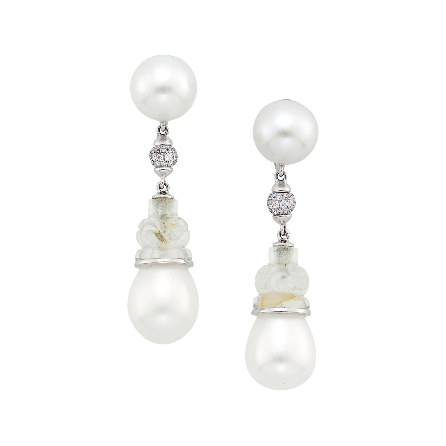 Seaman Schepps - 18k White Gold Pearl Rock Crystal Diamond Drop Earrings