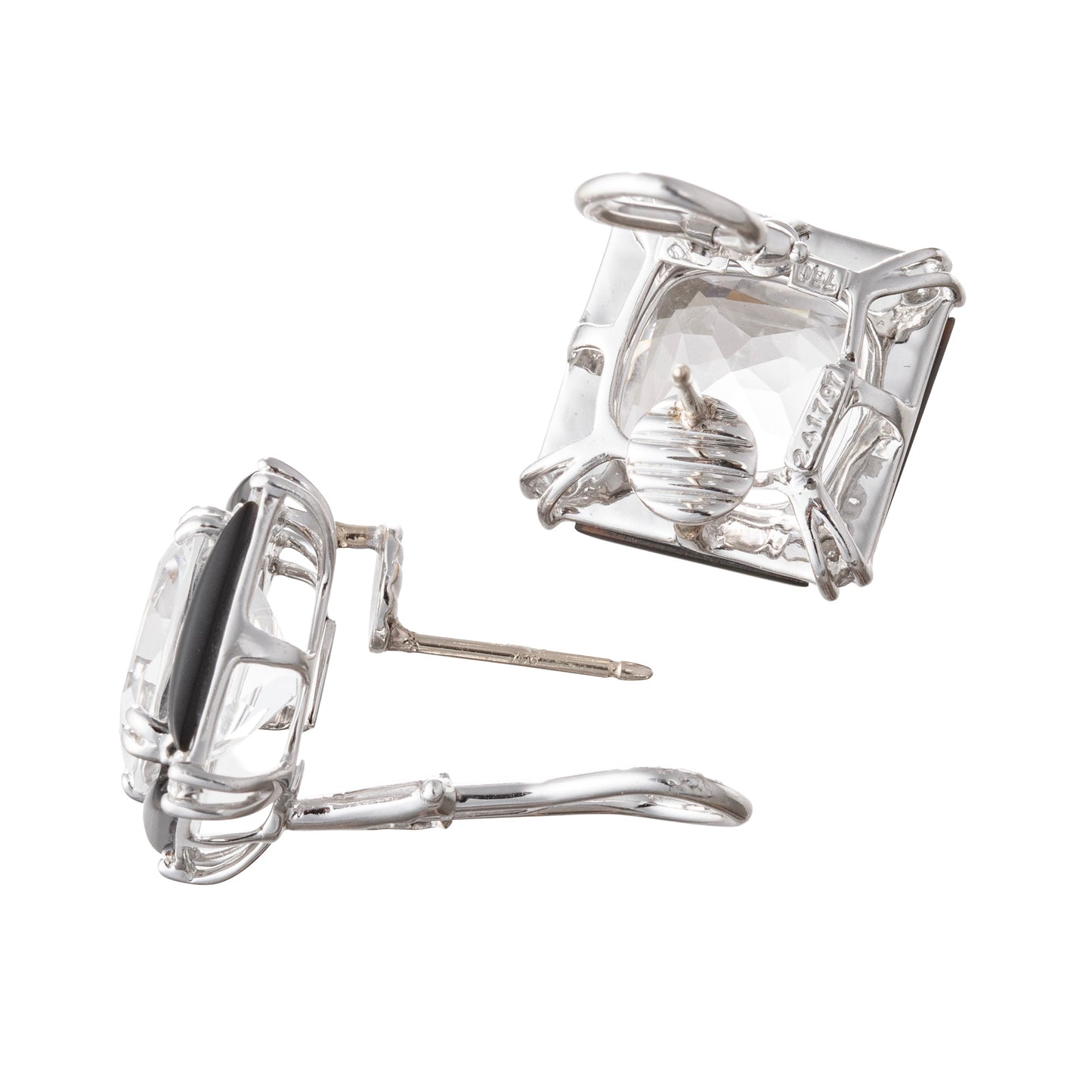 Seaman Schepps - 18k White Gold Rock Crystal Onyx Diamond Carré Earrings